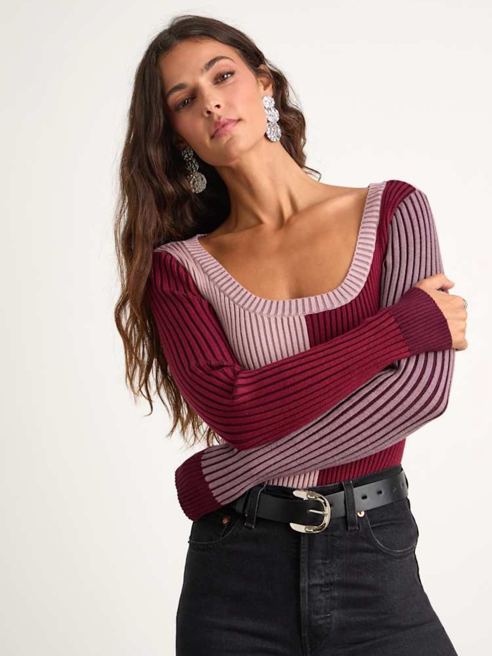 Mod Cutie Burgundy Color Block Ribbed Long Sleeve Bodysuit
